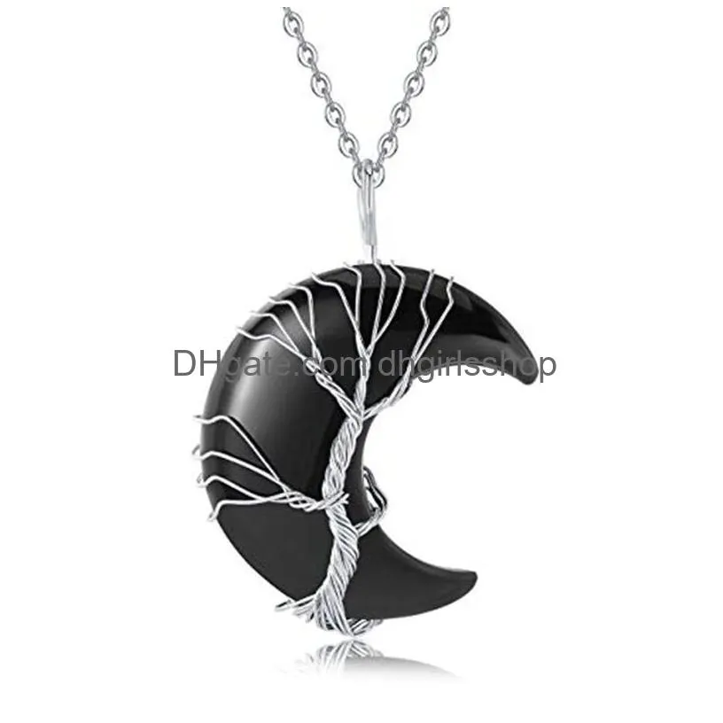 Pendant Necklaces Tree Of Life Wire Wrapped Crescent Moon Pendant Necklace Reiki Healing Crystal Stone Necklaces Natural Gemstone Amet Dhgt1