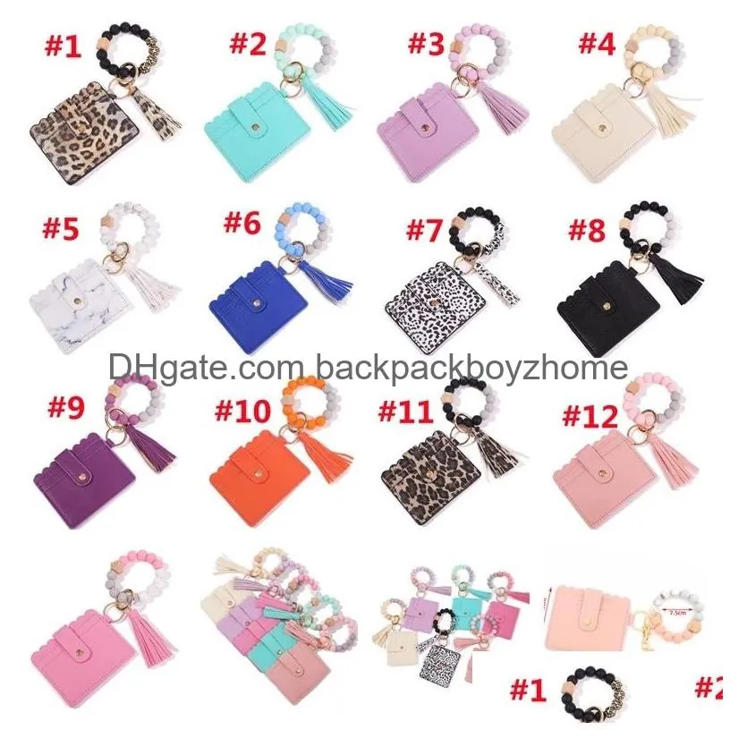 Party Favor Pu Leather Favor Bracelet Wallet Keychain Tassels Bangle Key Ring Holder Card Bag Sile Beaded Wristlet Keychains Handbag F Dhpgl