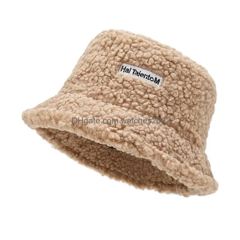 Beanie/Skull Caps Pure Color Bucket Hat Female Winter Lamb Hair Warm Embroidery Letters Fisherman Cap Fashion Shop Tourism Cold Basin Dhhyk