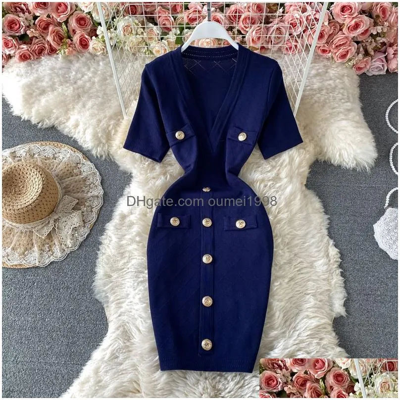 Basic & Casual Dresses New Design Womens V-Neck Short Sleeve High Waist Knitted Buttons Ed Pencil Drop Delivery Apparel Women`S Cloth Dhqjp