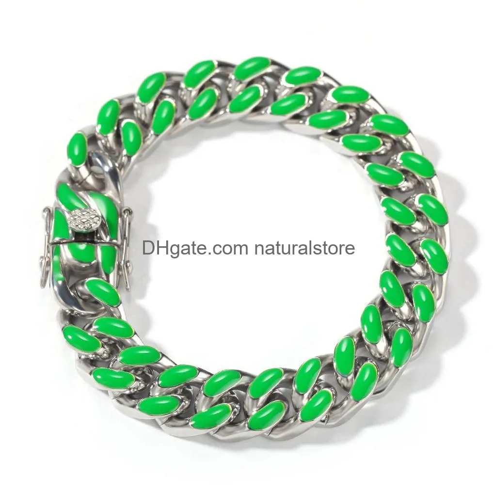 Chain Hip Hop Stainless Steel Cuban Link Bracelet Drop Color Blue Enamel Green White Colorf 12Mm New In Fashion Trend Mens And Womens Dhdgw