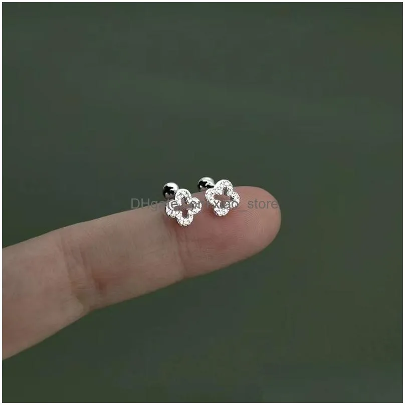 s925 sterling silver plated hollow mini clover designer earring ear studs shining zircon crystal lucky flower screw back earrings earings for women girl