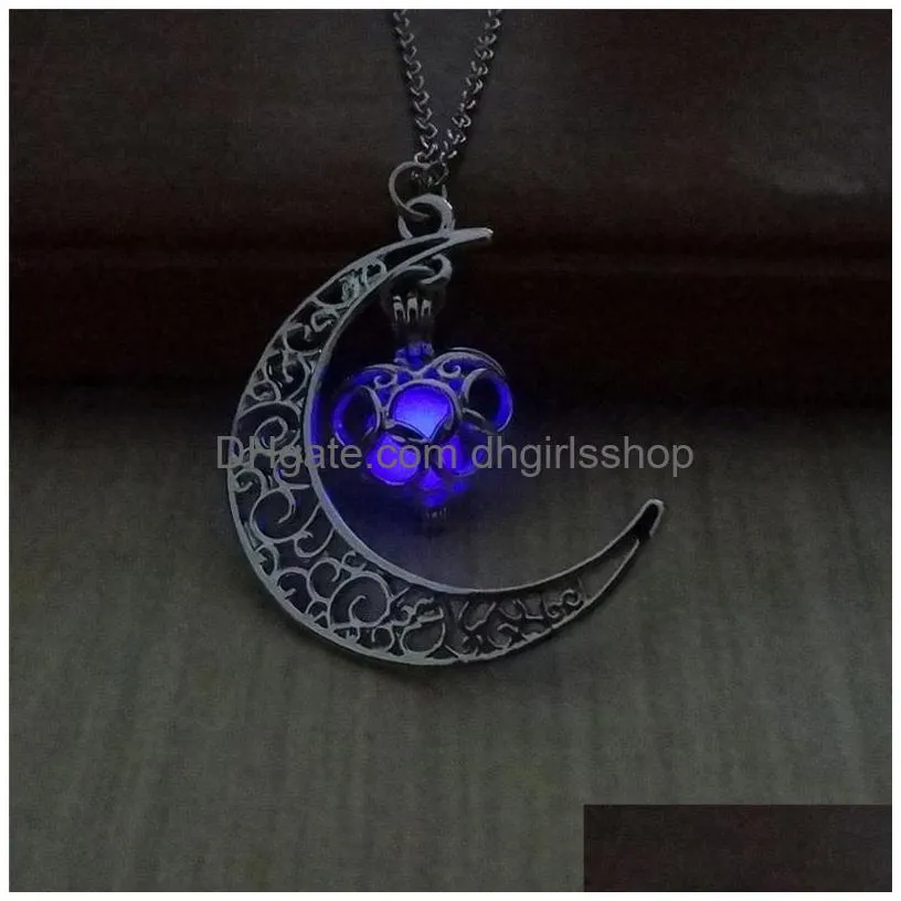 Pendant Necklaces The Moon Heart Necklaces Luminous Glow In Dark Sier Fashion  Oil Diffuser Necklace Lockets Chains Pendant J Dhuyb