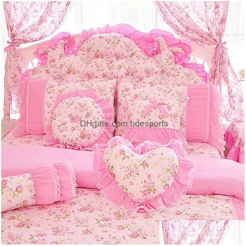 Bedding Sets Korean Style Pink Lace Bedspread Bedding Set King Queen 4Pcs Princess Duvet Er Bed Skirts Bedclothes Cotton Home Textile Dhwth