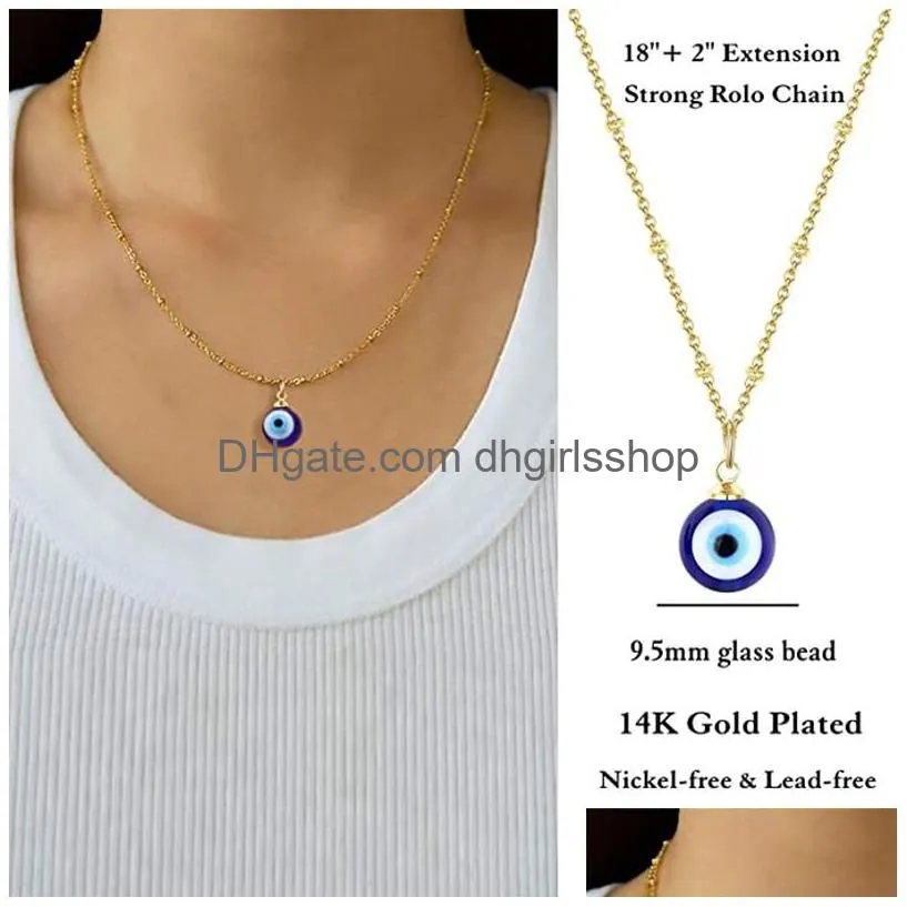Pendant Necklaces Women Blue Evil Eye Necklaces With Card Fashion Sier 14K Gold Plated Rolo Link Chain Resin Pendant Necklace Good Luc Dhygg