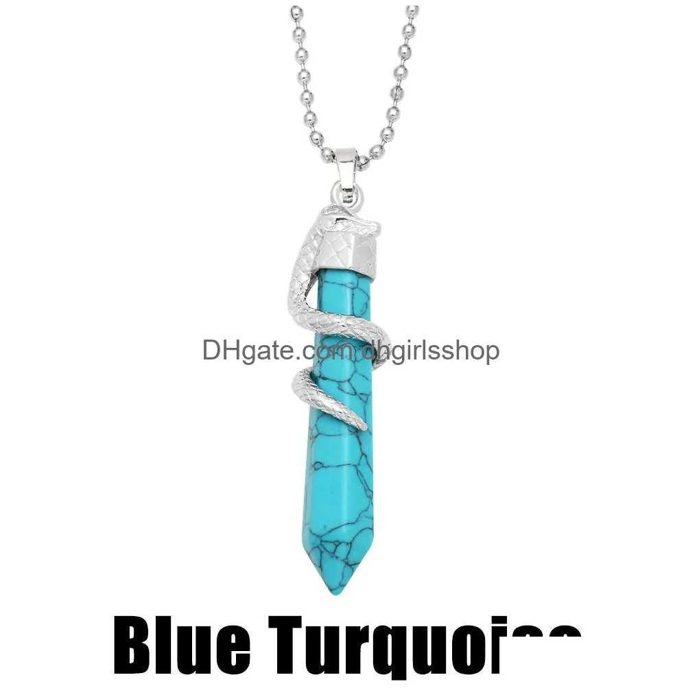 Pendant Necklaces Women Hexagon Necklace Fashion Natural Gem Stone Crystal Amethyst Blue Turquoise Malachite Green Aventurine Snake Wr Dhszm