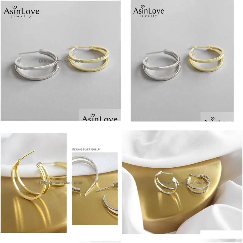 asinlove 100 925 sterling silver double layers line circle earrings for women big loop hoop earring ladies trendy fine jewelry 6452529