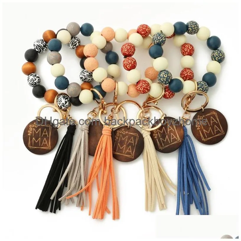 Party Favor Leopard Wood Beads Bracelet Keychain Women Leather Tassel Wristlet Key Chain For Gift Mama Letters Fy2577Gc1129 Drop Deli Dhfqr