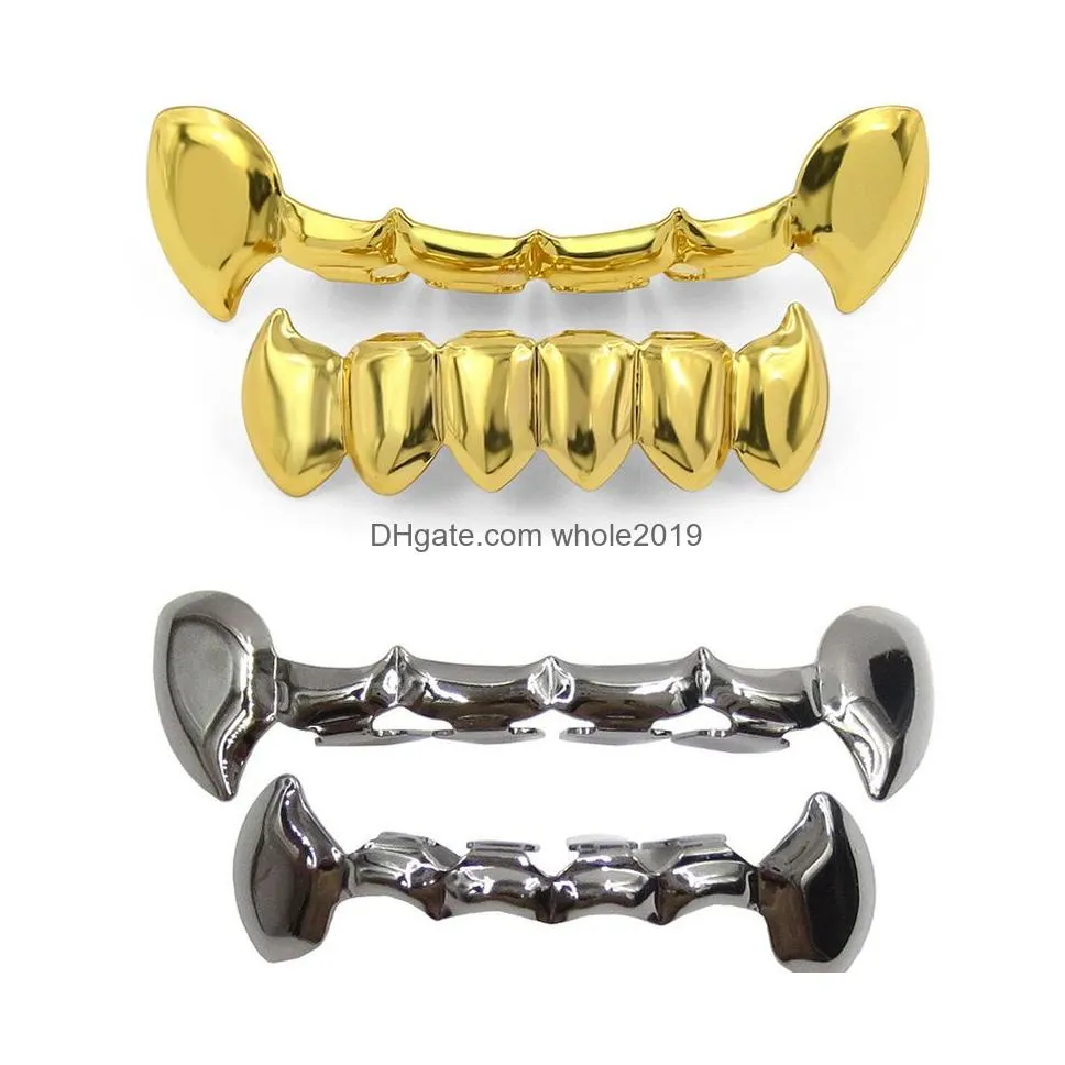 Grillz, Dental Grills Hiphop Vampire Teeth Fang Grillz 18K Real Gold Cz Cubic Zirconia Diamond Dental Mouth Grills Brace Up Bottom To Dhmmg
