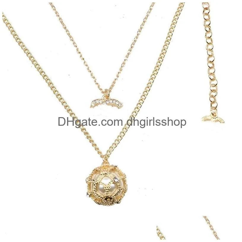 Pendant Necklaces Women Mtilayer Design Necklaces C Letter Vintage Rhinestone Butterfly Fake Pearl Ball Pendant Gold Figaro Link Chain Dhsoy