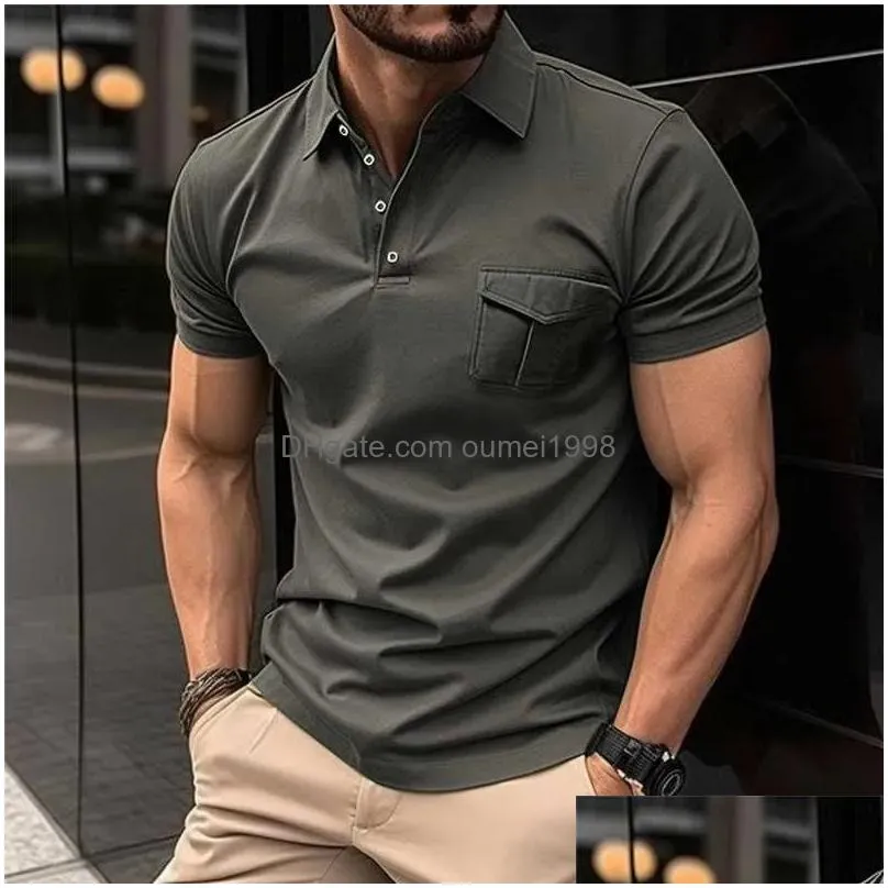 Men`S T-Shirts Mens T-Shirts Casual Solid Knitted Shirts Men Classic Turn-Down Collar Button-Up Plover Tees For Clothes Summer Short S Dhsba