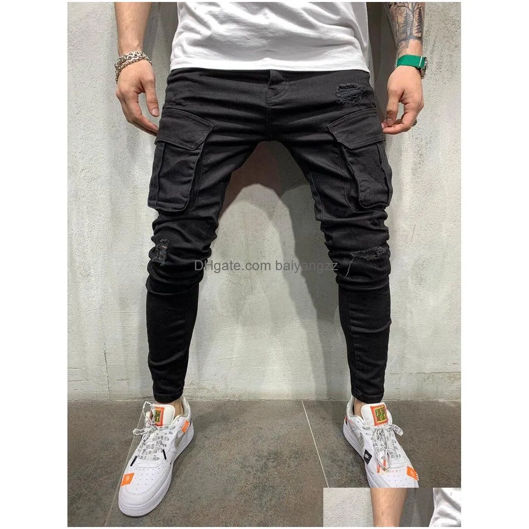 black men biker cargo jeans multi pocket slim fit joggers trousers male ripped hole motorcycle streetwear denim pencil pants