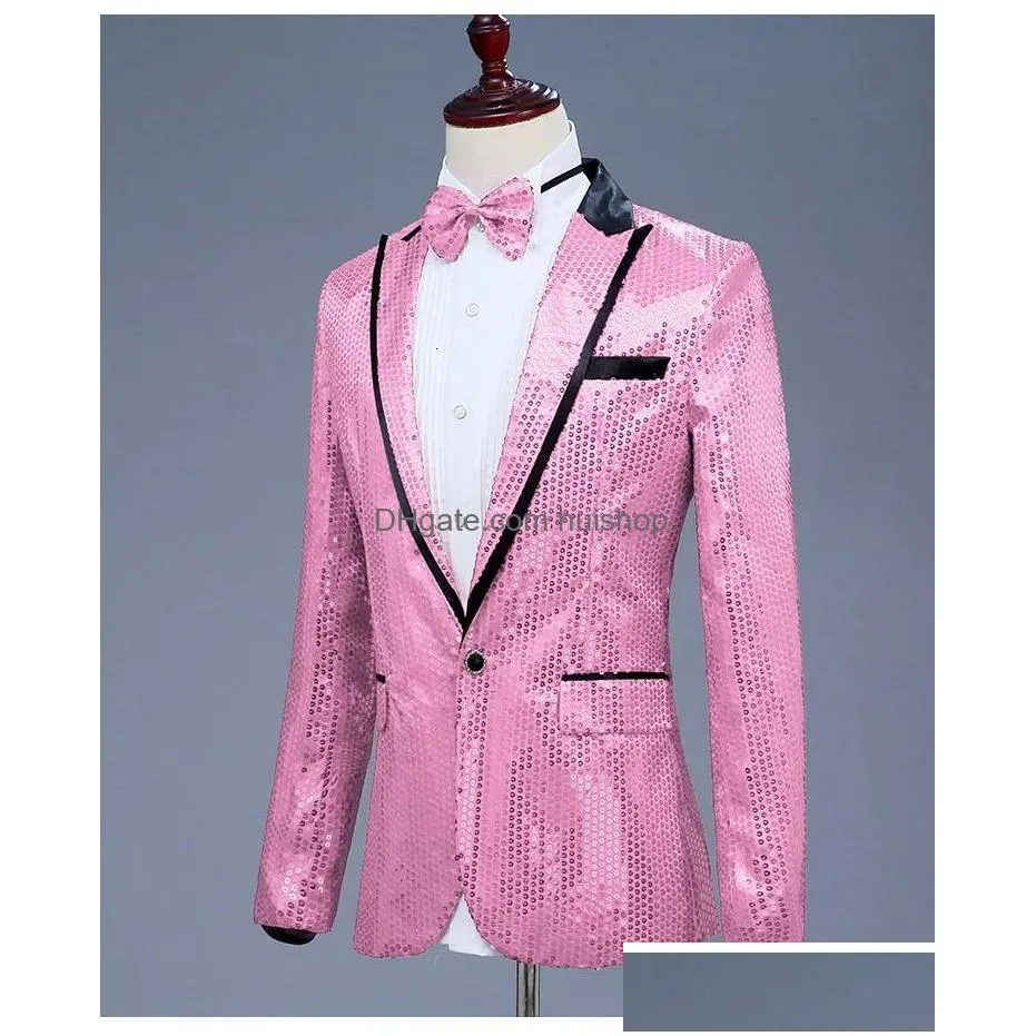 mens suits blazers pink sequin one button dress blazers brand nightclub prom men suit jacket wedding stage singer costume bowtie include