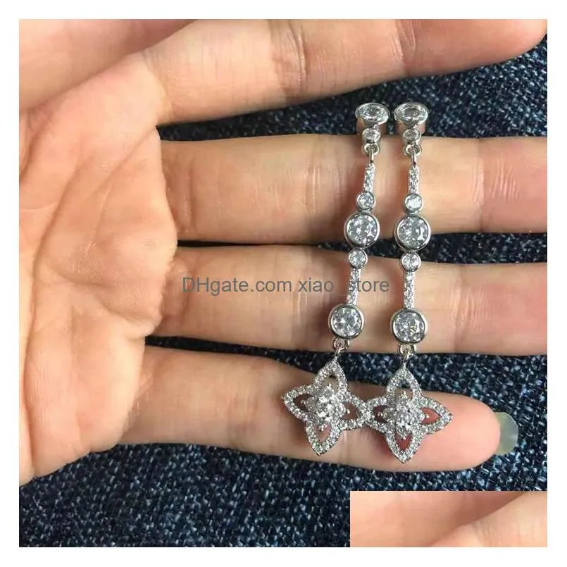 stud stud s925 sterling silver hollow clover designer earring ear studs rings shining zircon crystal long tassel lucky asymmetric