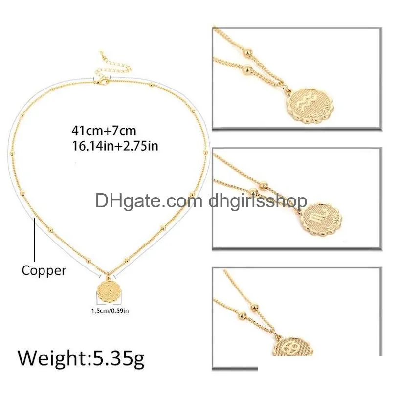 Pendant Necklaces Simple Statement Necklace Twee Constellations Carved Coin Copper Beads Leo Pendant For Women Girls Jewelry Gift Gold Dhjao