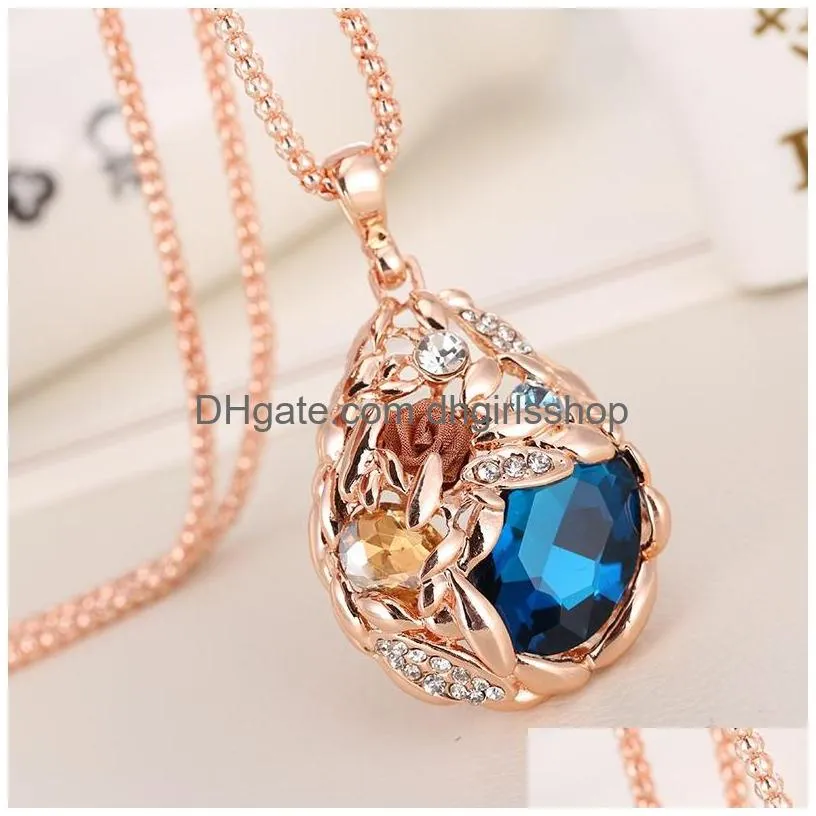 Pendant Necklaces Women Crystal Rhinestone Necklaces Long Popcorn Chain Champagne Rose Gold Flower Wheat Ear Pendant Sweater Necklace Dhjmf