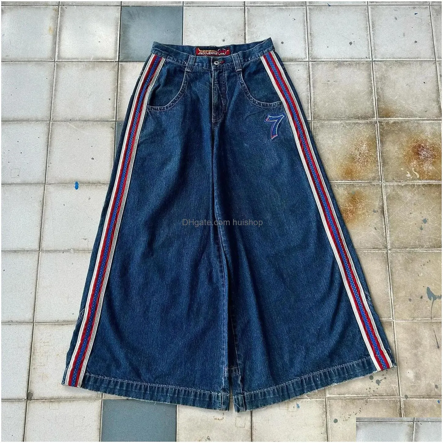 mens jeans retro hip hop number 7 graphic embroidery jnco jeans y2k punk street baggy mens denim pants vintage blue stripe wide leg pants