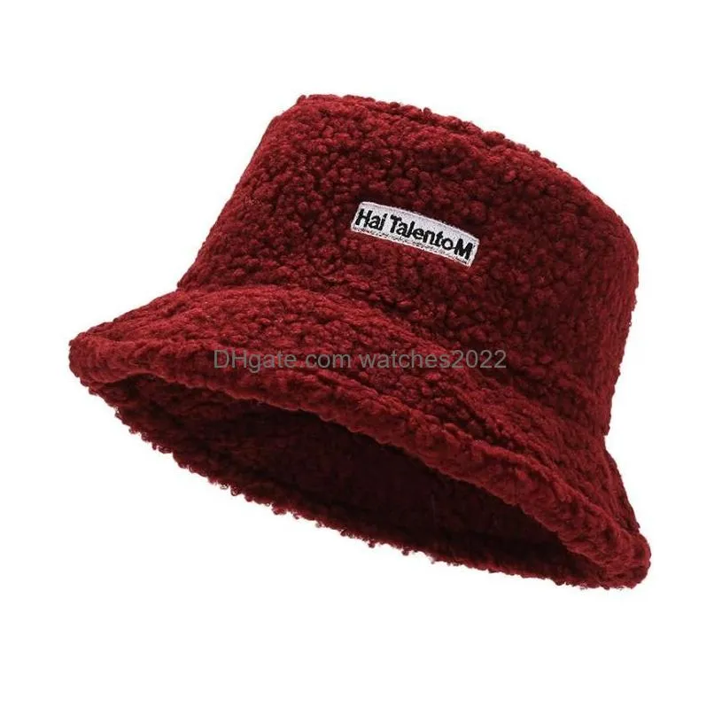 Beanie/Skull Caps Pure Color Bucket Hat Female Winter Lamb Hair Warm Embroidery Letters Fisherman Cap Fashion Shop Tourism Cold Basin Dhb5S