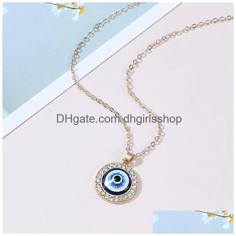 Pendant Necklaces Evil Blue Eye Necklaces Choker Jewelry Rhinestone Heart Round Design Pendant Clavicle Chain Necklace Sier Rose Gold Dhnxy