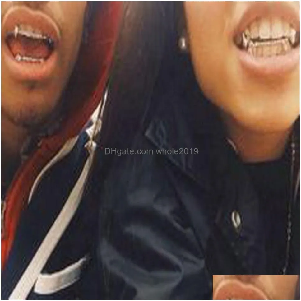 Grillz, Dental Grills Hiphop Vampire Teeth Fang Grillz 18K Real Gold Cz Cubic Zirconia Diamond Dental Mouth Grills Brace Up Bottom To Dhmmg