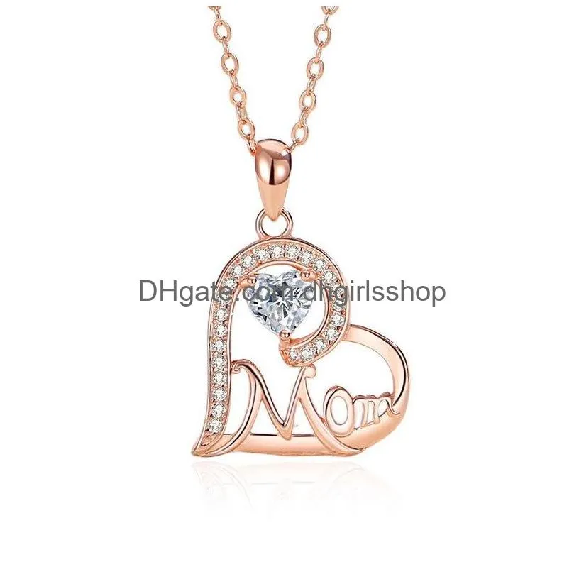 Pendant Necklaces Mom Necklaces 100% S925 Sterling Sier Luxury Crystal Rhinestone Love Heart Letter Pendant With Link Chain White Rose Dh1Lr