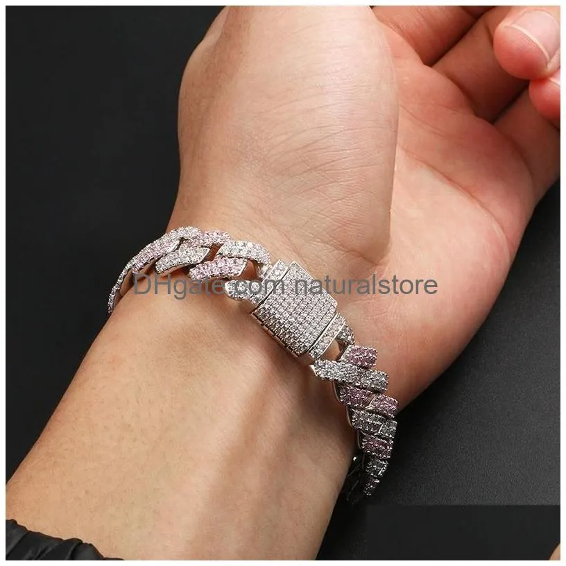 Chain Link Chain Fashion Sier Pink Color Matching Zircon Strip Cuban Bracelet Hip Hop For Men And Drop Delivery Jewelry Bracelets Dhc6W