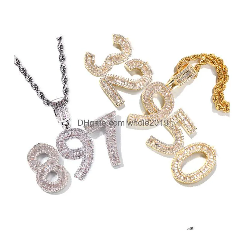 Pendant Necklaces New Fashion Personalized 18K Gold Bling Cubic Zirconia Digital Numbers Pendant Necklace Custom Sports Number Diy Jew Dhkie