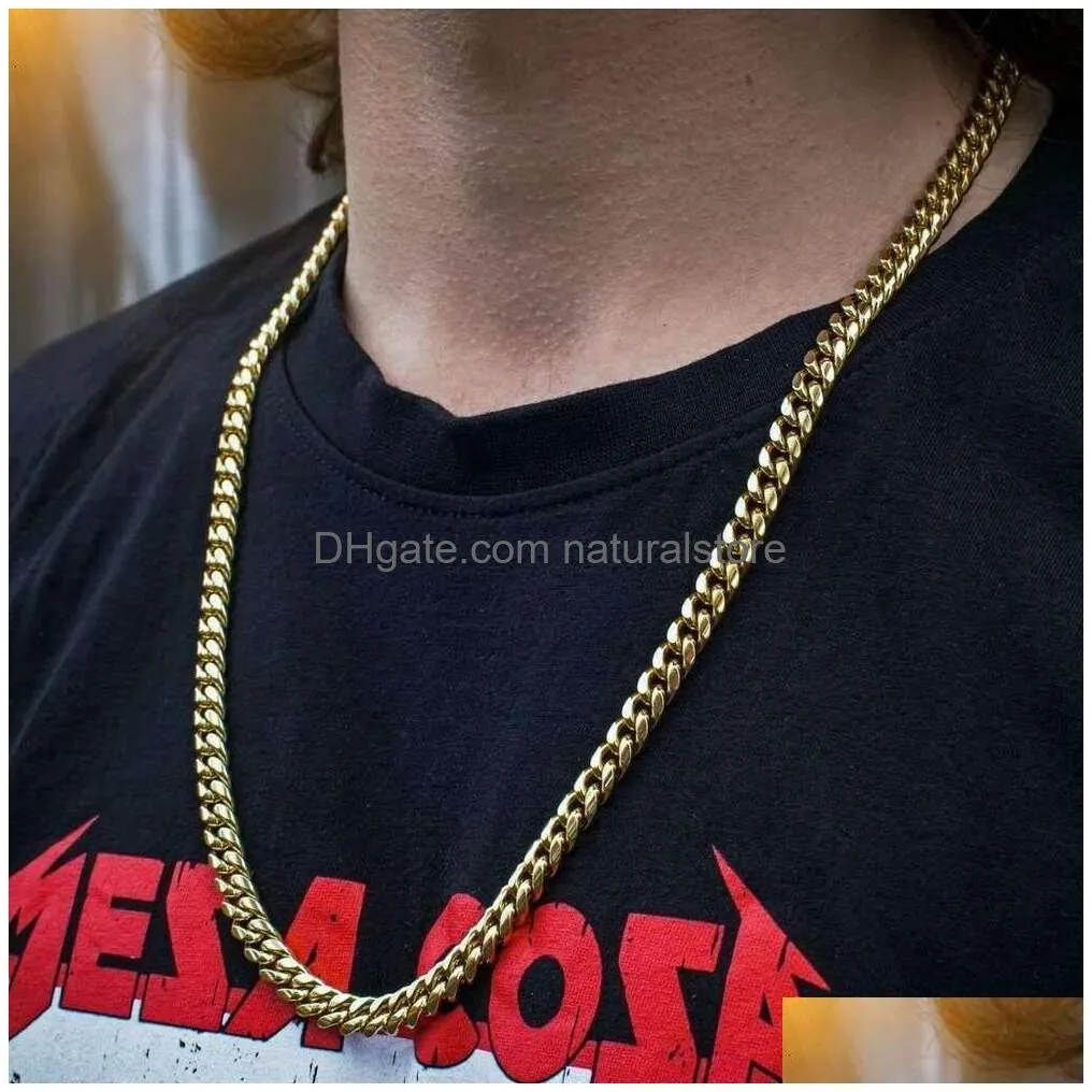 Pendant Necklaces Py Bling 14K Gold Plated Mens Heavy  Cuban Link Chain Choker With Lab Diamond Clasp Stainless Steel Hip Hop Thi Dhuak