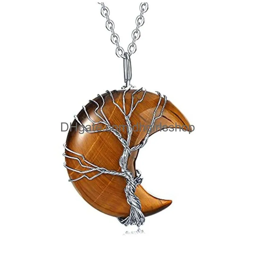 Pendant Necklaces Tree Of Life Wire Wrapped Crescent Moon Pendant Necklace Reiki Healing Crystal Stone Necklaces Natural Gemstone Amet Dhgt1