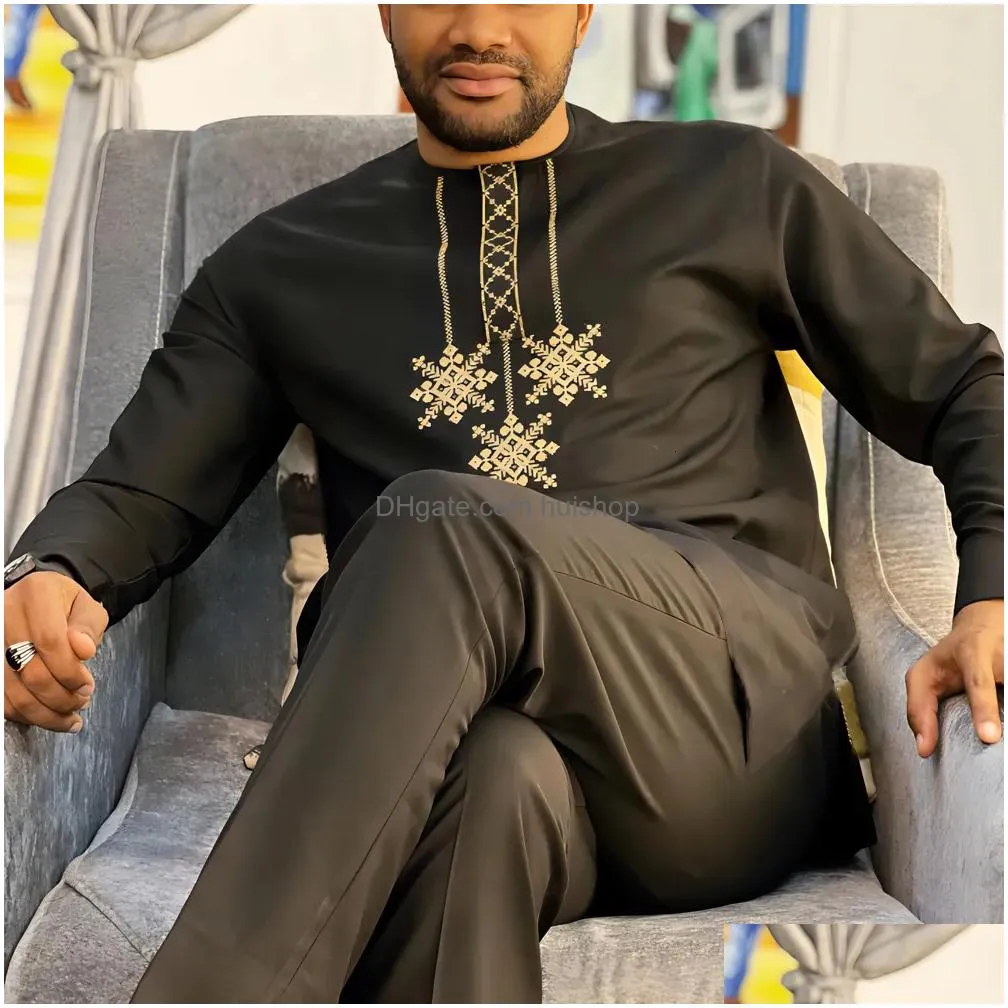 mens tracksuits kaftan summer mens suit round neck long-sleeved top pants african male traditional outfit national style 2pcs clothing sets