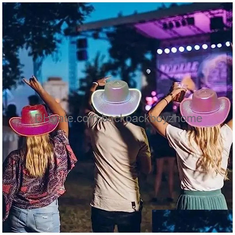 Party Hats Holographic El Wire Led Flashing Light Up  Hats Neon Sparkly Glitter Space Cowgirl Hat Fluorescent Luminous For Hallo Dh167