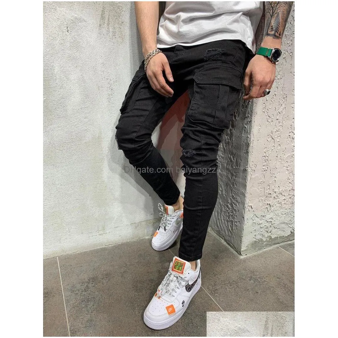 black men biker cargo jeans multi pocket slim fit joggers trousers male ripped hole motorcycle streetwear denim pencil pants