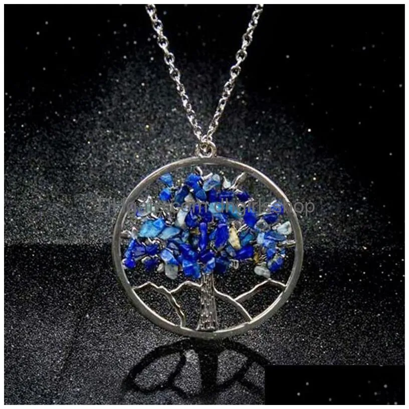 Pendant Necklaces Tree Of Life Necklace Natural Stone Pendum Pendant Link Chain Necklaces Healing Women Crystal Gemstone Jewelry Gift Dhd2G