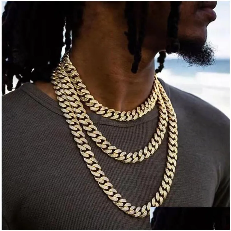 Dog Collars & Leashes Dog Collars Leashes Cuban Necklace Paved Rhinestones 12.5Mm Width Chain Hip Hop Jewelry Gold Color Stainless Ste Dhm4A
