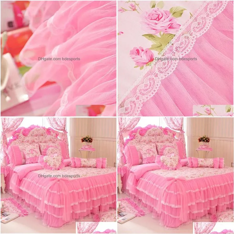 Bedding Sets Korean Style Pink Lace Bedspread Bedding Set King Queen 4Pcs Princess Duvet Er Bed Skirts Bedclothes Cotton Home Textile Dhwth
