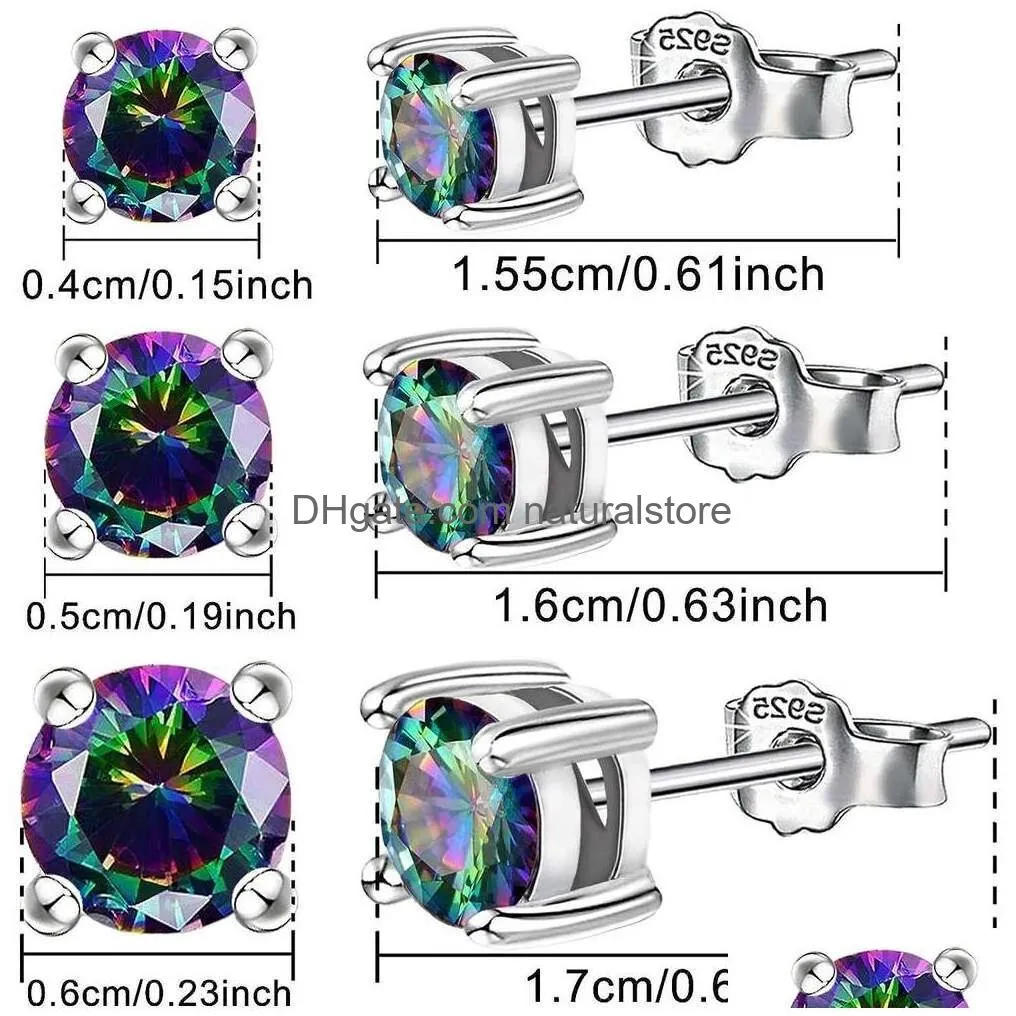 Other 14K White Gold Plated Rainbow Earrings Set Sterling Sier Round Stud Hypoallergenic Colorf Crystal For Sensitive Ears Minimalist Dhrj4