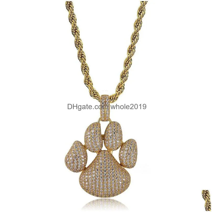 Pendant Necklaces Personalized 18K Gold Plated Fl Cubic Zirconia Cute Dog Footprints Pendant Necklace Twist Chain Hip Hop Jewelry Gift Dhq3V