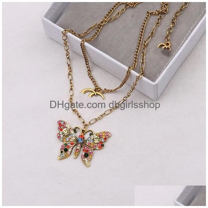 Pendant Necklaces Women Mtilayer Design Necklaces C Letter Vintage Rhinestone Butterfly Fake Pearl Ball Pendant Gold Figaro Link Chain Dhsoy