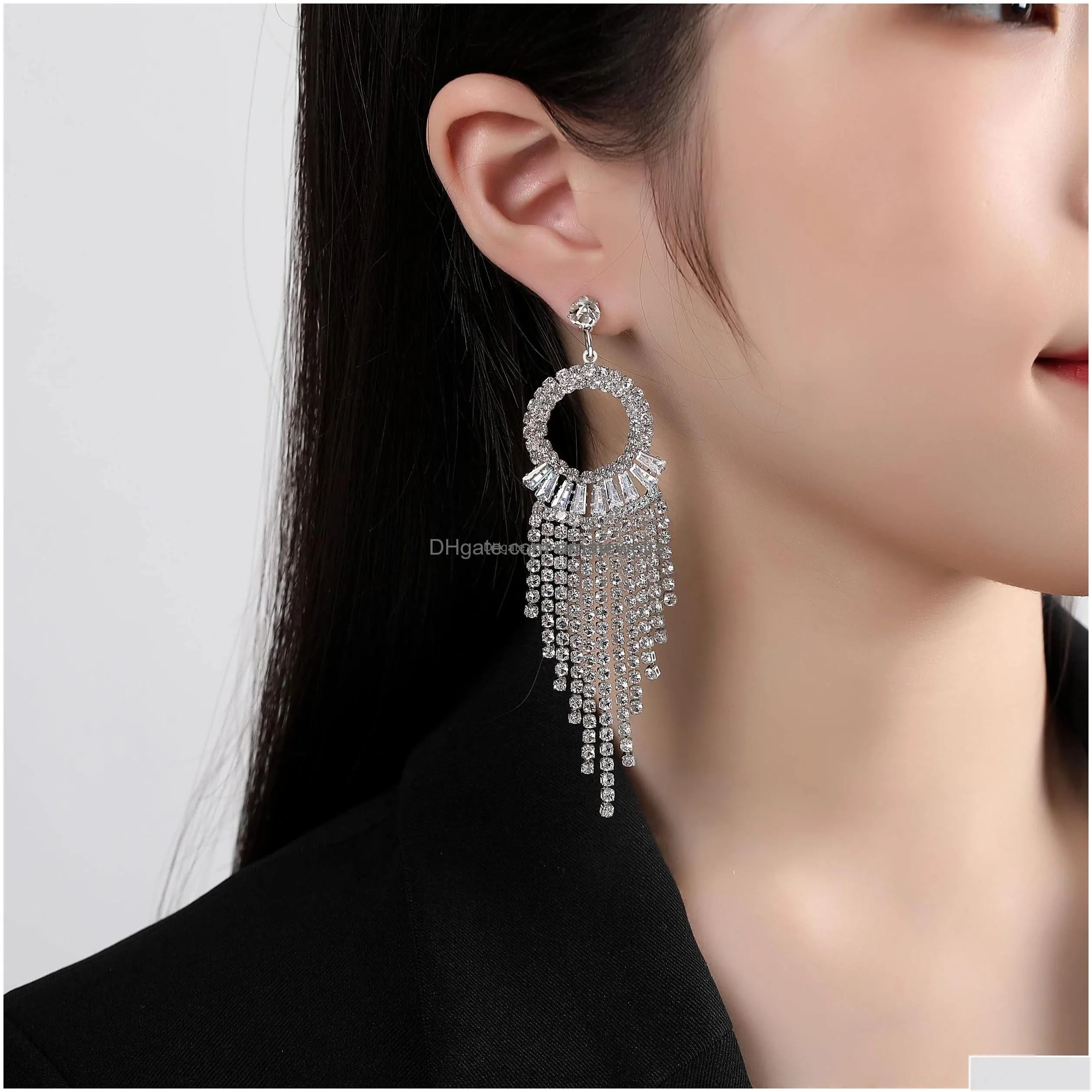 charm rhinestone earrings dangling tassel long sparkly sier prom party wedding for women ameby5466216