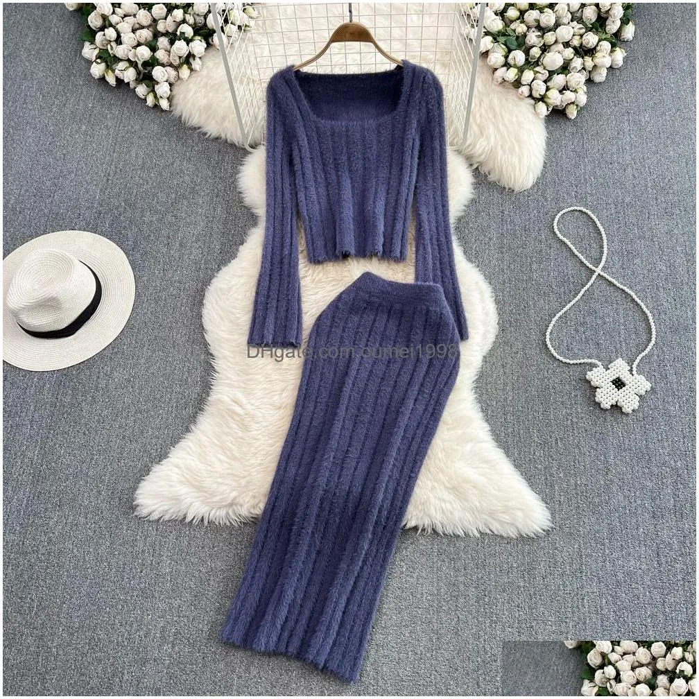 Two Piece Dress Womens Mohair Wool Knitted Square Collar Sweater And Midi Long Skirt 2 Piece Dress Suit Drop Delivery Apparel Women`S Dhxar