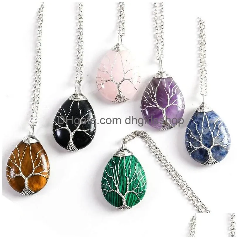 Pendant Necklaces Reiki Healing Stone Necklace Tree Of Life Wire Wrapped Teardrop Crystals Pendant Necklaces Natural Quartz Gemstone C Dhku0