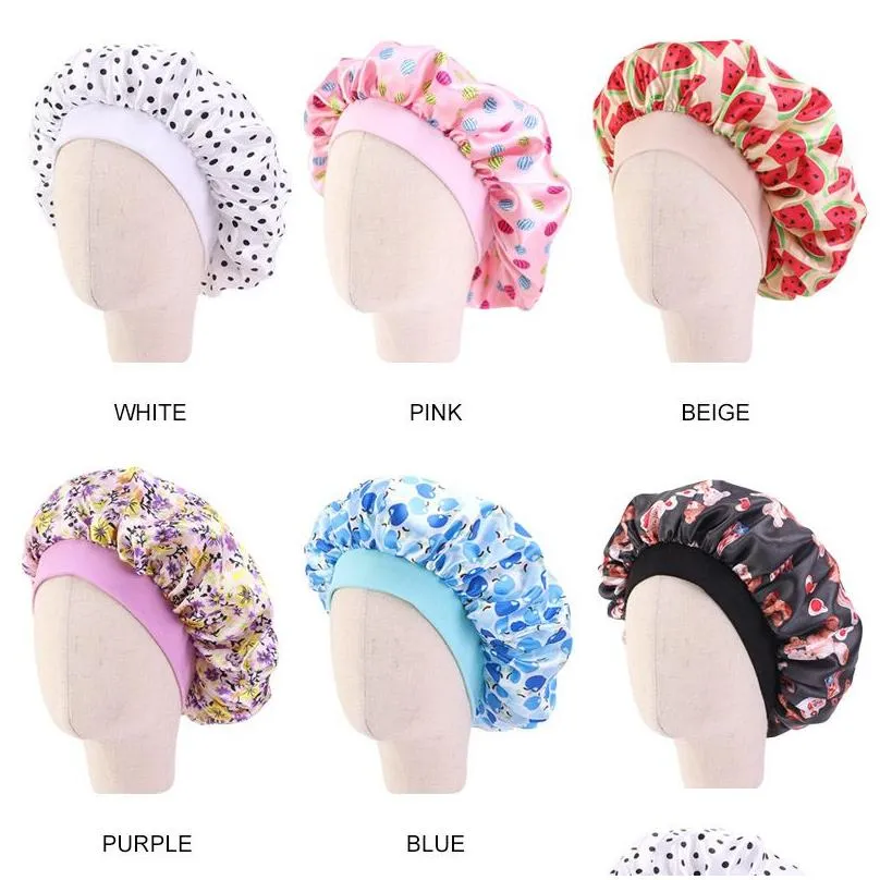 Caps & Hats Fashion Kids Floral Satin Bonnet Girl Night Sleep Cap Hair Care Soft Head Er Wrap Beanies Sklies 6 Colors Drop Delivery Ba Dhlbm