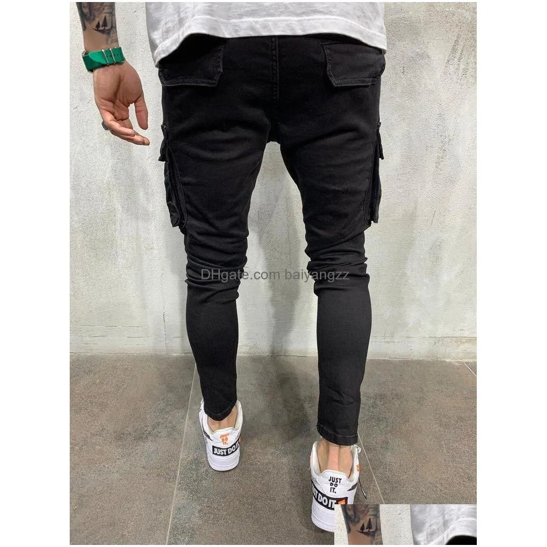 black men biker cargo jeans multi pocket slim fit joggers trousers male ripped hole motorcycle streetwear denim pencil pants
