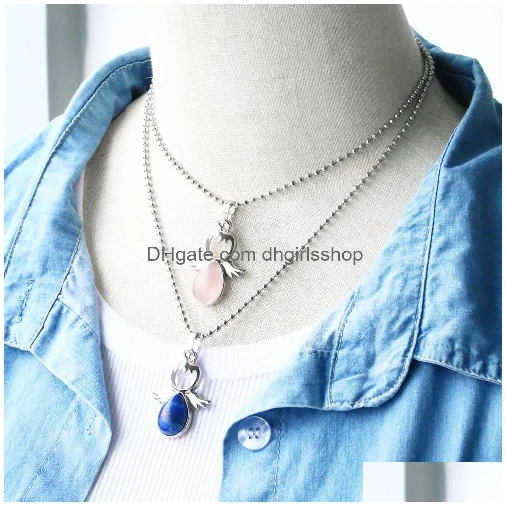 Pendant Necklaces Women Fashion Pendant Necklace Angle Wing Natural Stone Crystal Lapis Tiger Eye Amethyst Green Aventurine Turquoise Dhvhj