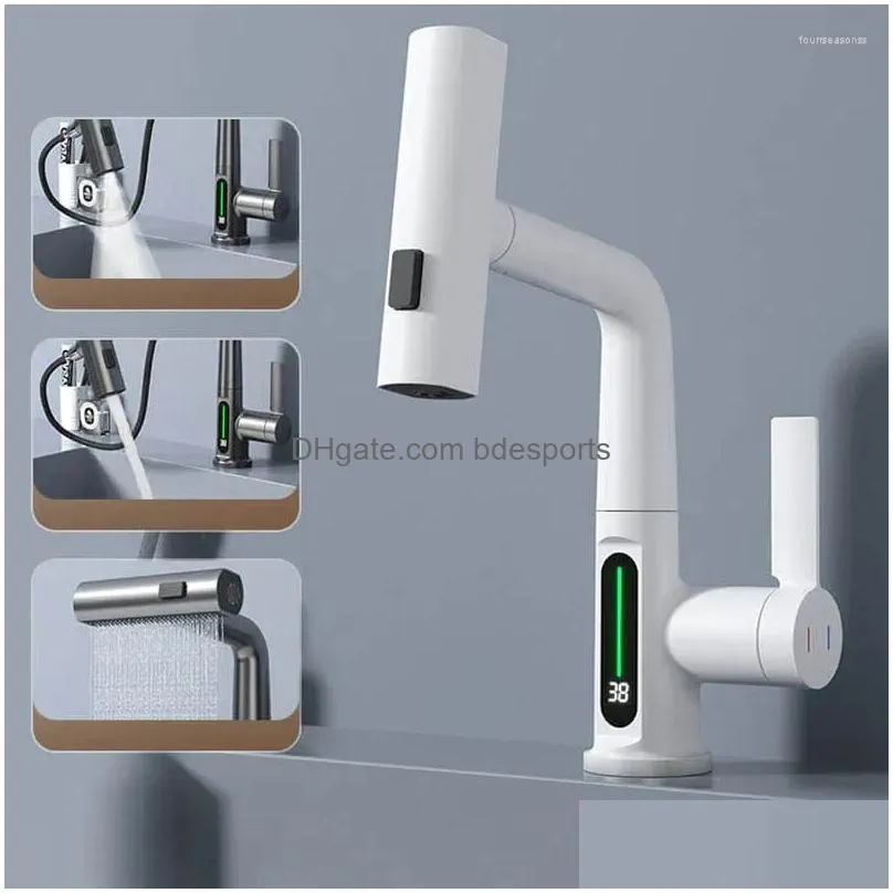 Bathroom Sink Faucets Pling Lifting Digital Display Faucet Smart Temp Tap360 Rotating 5Sprayer Water Saving Cold Washbasin Drop Deliv Dhcfg