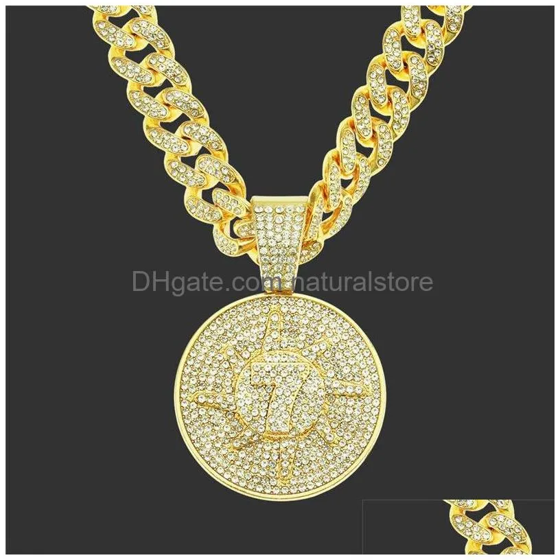 Pendant Necklaces Hip Hop Crystal Lucky Number 7 With Big  Cuban Chain Choker Necklace For Men Women Iced Out Coin Drop Delivery Dhn8E