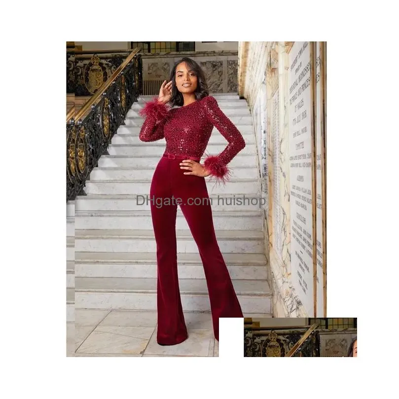 basic casual dresses elegant white jumpsuit women slim fit straight sequins feather stitching long sleeves sexy bodycon 231219