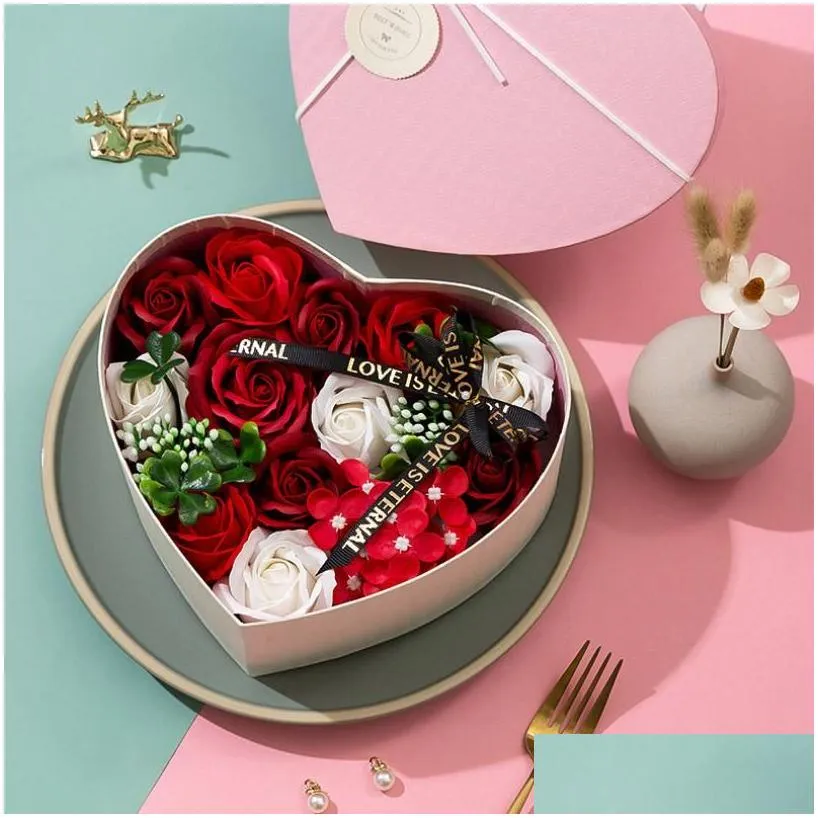 Decorative Flowers & Wreaths Valentines Day Soap Flower Heart-Shaped Rose Flowers And Box Bouquet Wedding Decoration Gift Festival Dro Dhvia