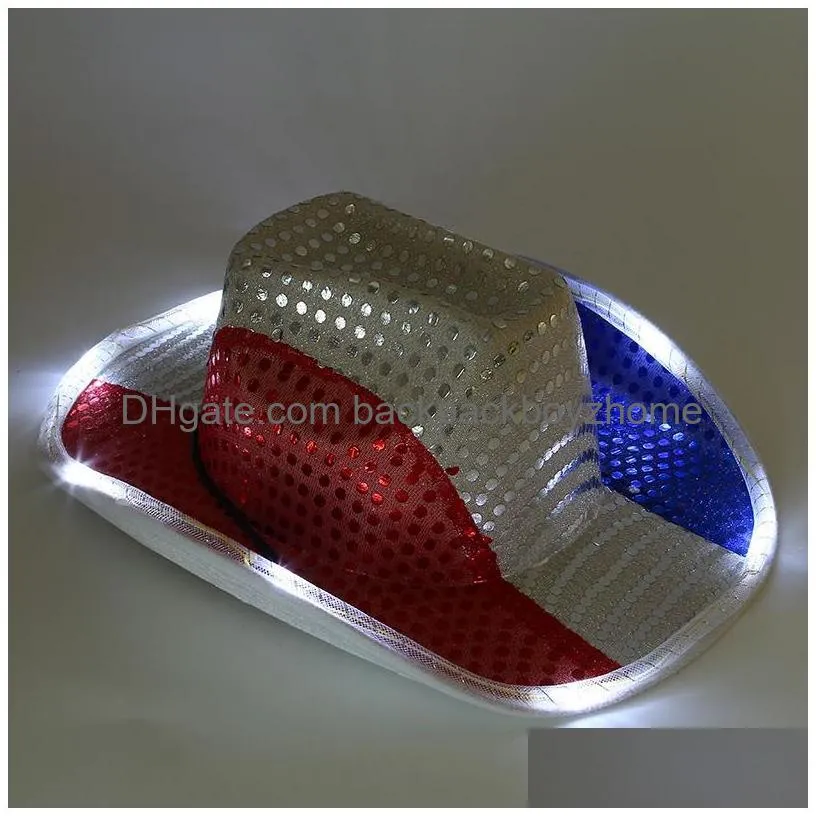 Party Hats Red White And Blue Usa Patriotic Light Up  Hats Led Flashing Luminous American Sequin Cowgirl Hat For Western Indepen Dhipw