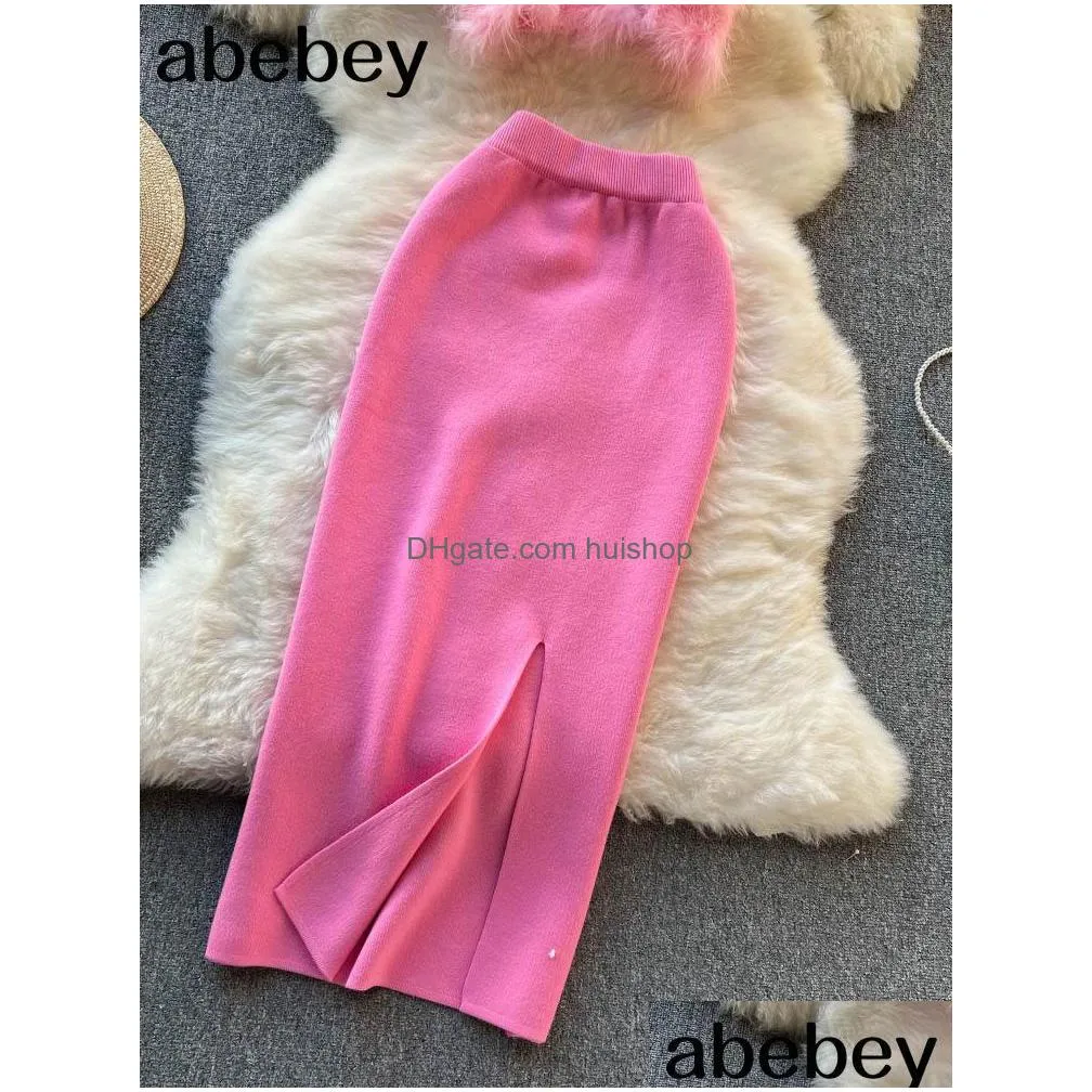 two piece dress pink women knit sets camis sexy short top elastic waist split long skirt fashion solid suits 230104